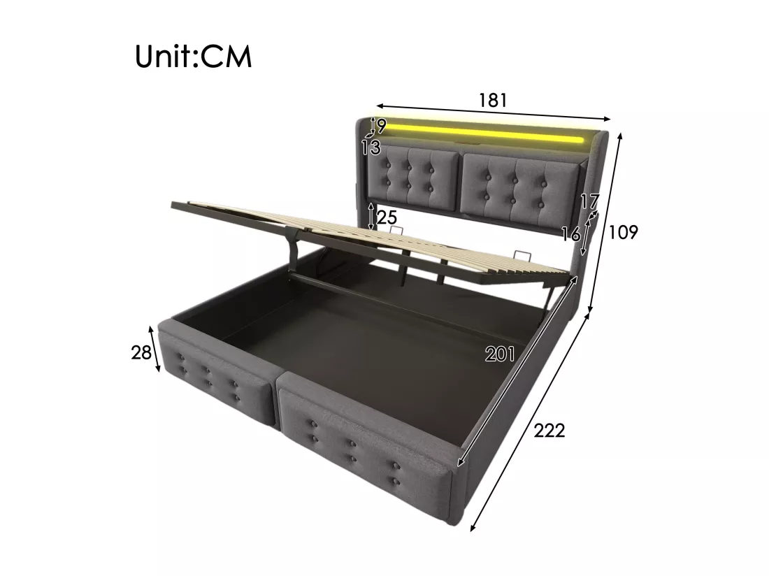 Lit coffre 180x200cm en tissu lin - avec LED et Ports de recharge - Gris