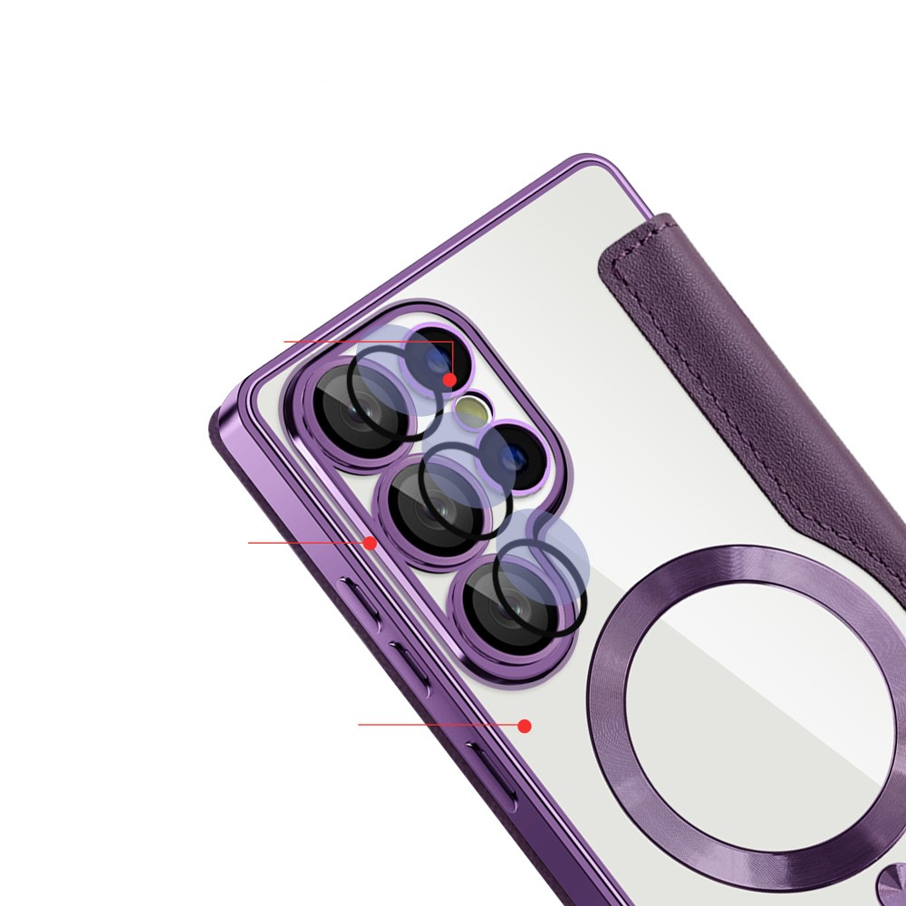 Samsung Galaxy S25 Ultra Hybrid Leder Tasche   Kunststoff Rückseite MagSafe-Modul (RFID Schutz) - Violett / Transparent
