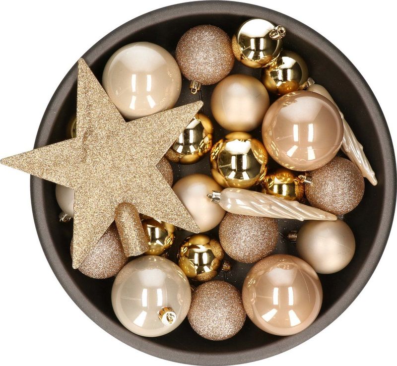 Decoris kerstballen set - 34-dlg - goud/champagne/bruin - incl. piek - kunststof - kerstversiering