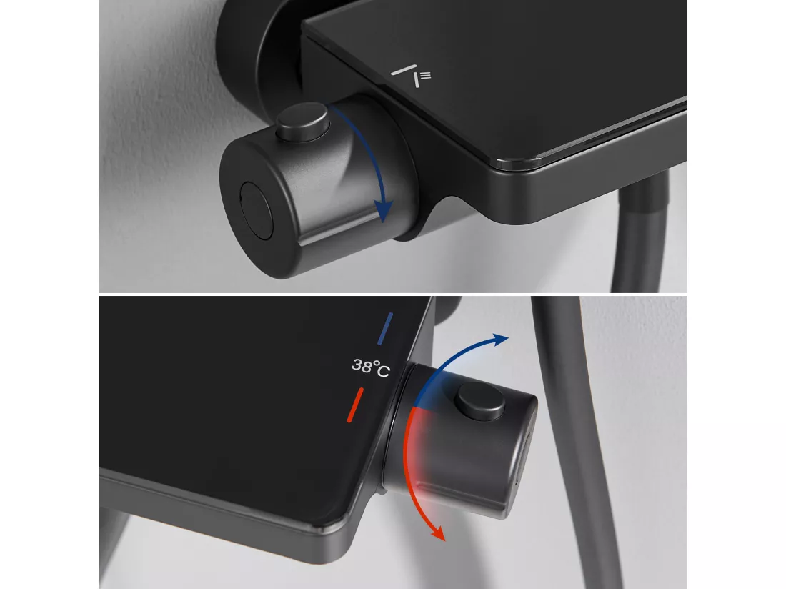 2PCS Lonheo max Élégant Ensemble de Douche avec Etagère et Douchette à Main 3 Fonctions, Noir Colonne de Douche Thermostatique avec 38°C Mitigeur