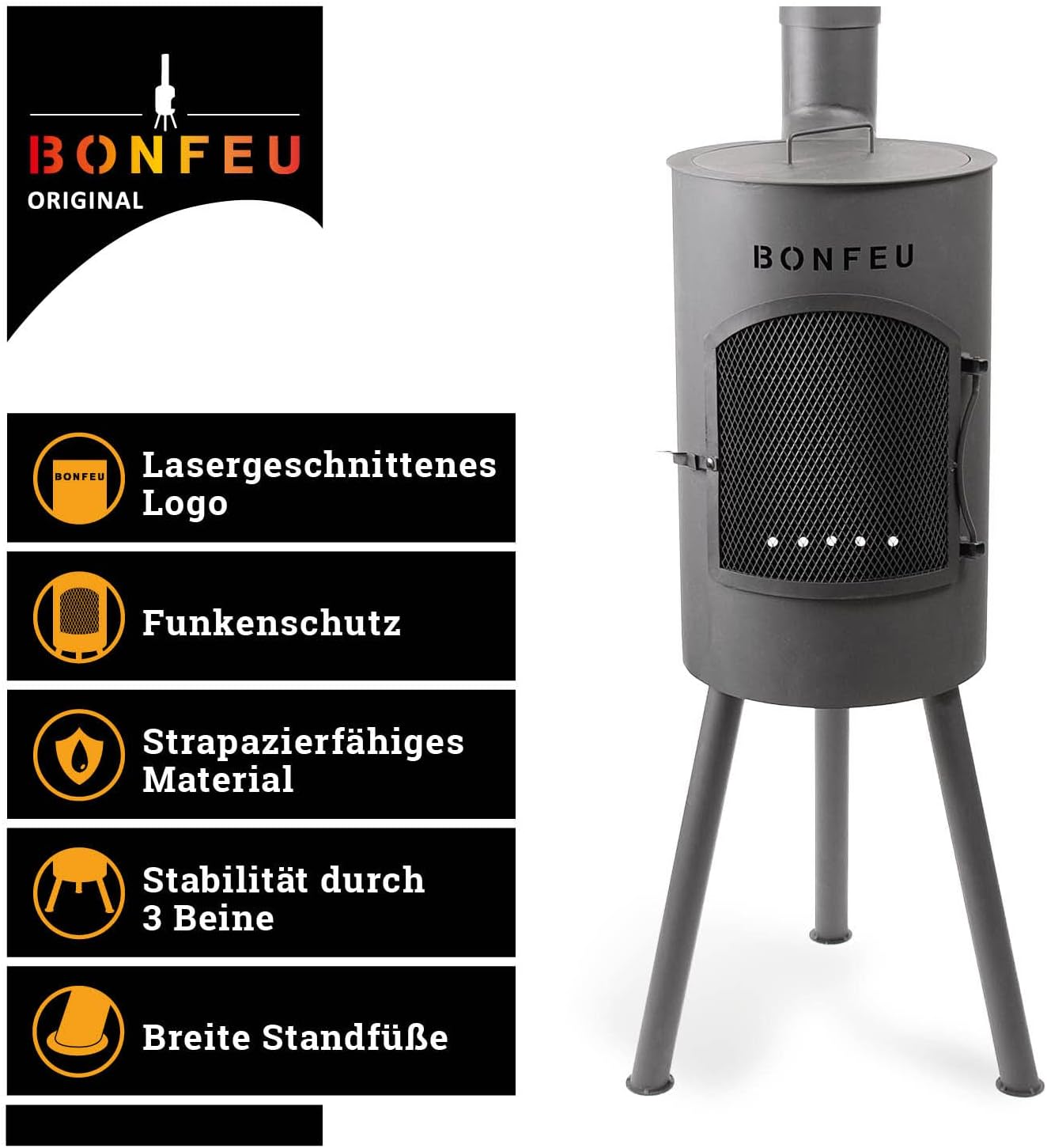 BonFeu Bongiano SP Schwarz - Terrassenofen - Feuerstelle mit Funkenschutz für entspannte Abende - Feuersäule Outdoor - Terrassenkamin mit Grillrost - Gartenofen aus hochwertigem Stahl - 30x30x142cm