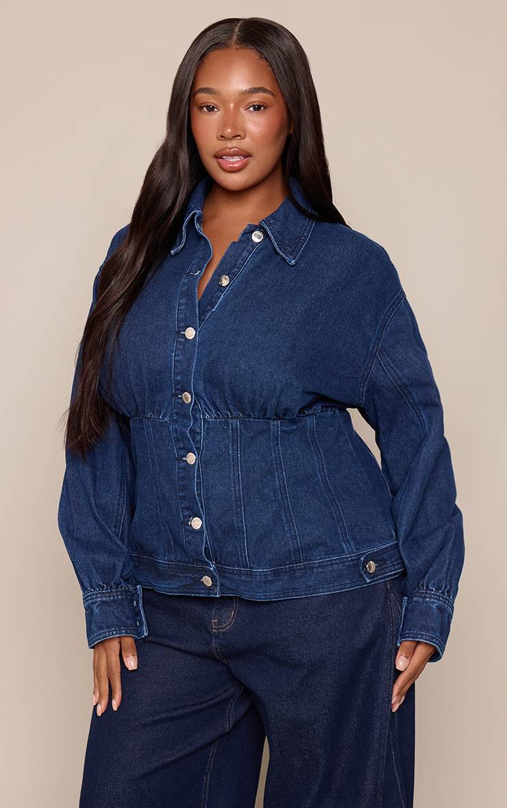 Bleu Indigo Chemise En Denim À Manches Longues Style Tailleur Grande Taille