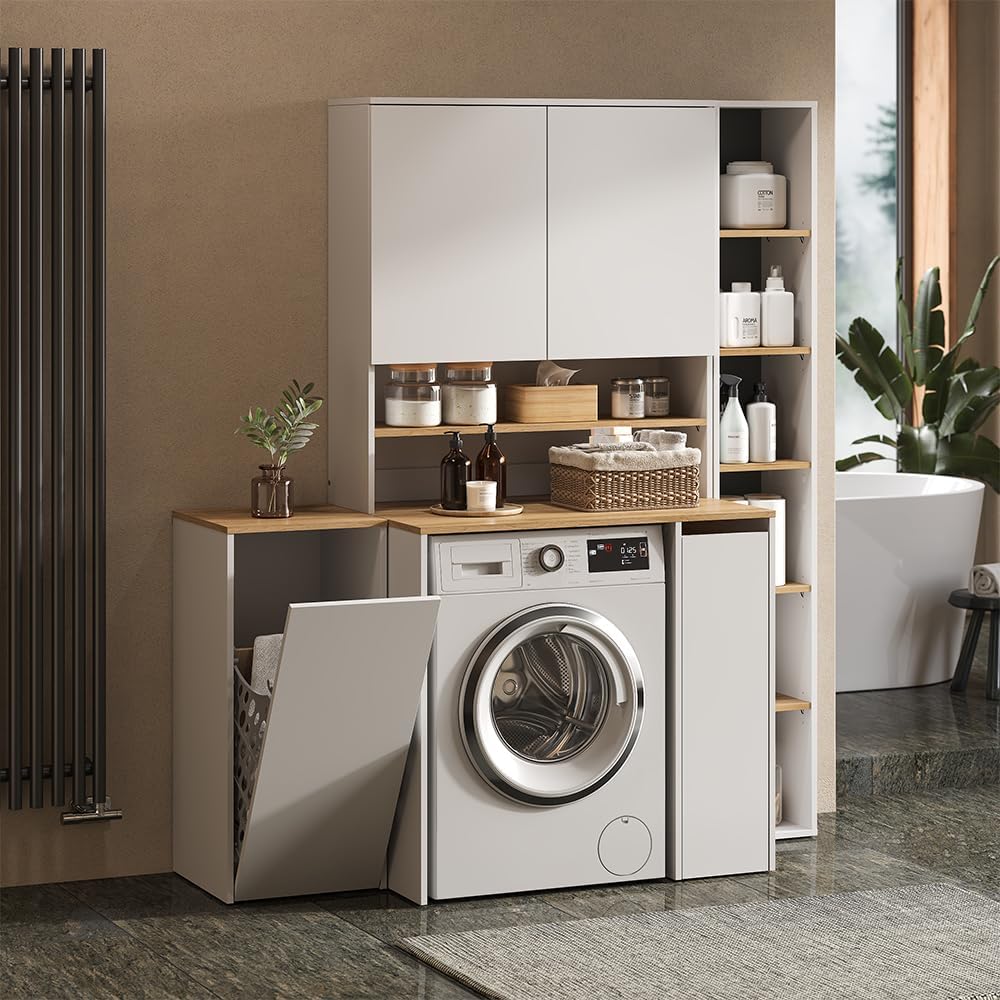 Vicco Waschmaschinenschrank Viktor, Weiß/Artisan, 93.6 x 88.2 cm mit Fächern und Tür