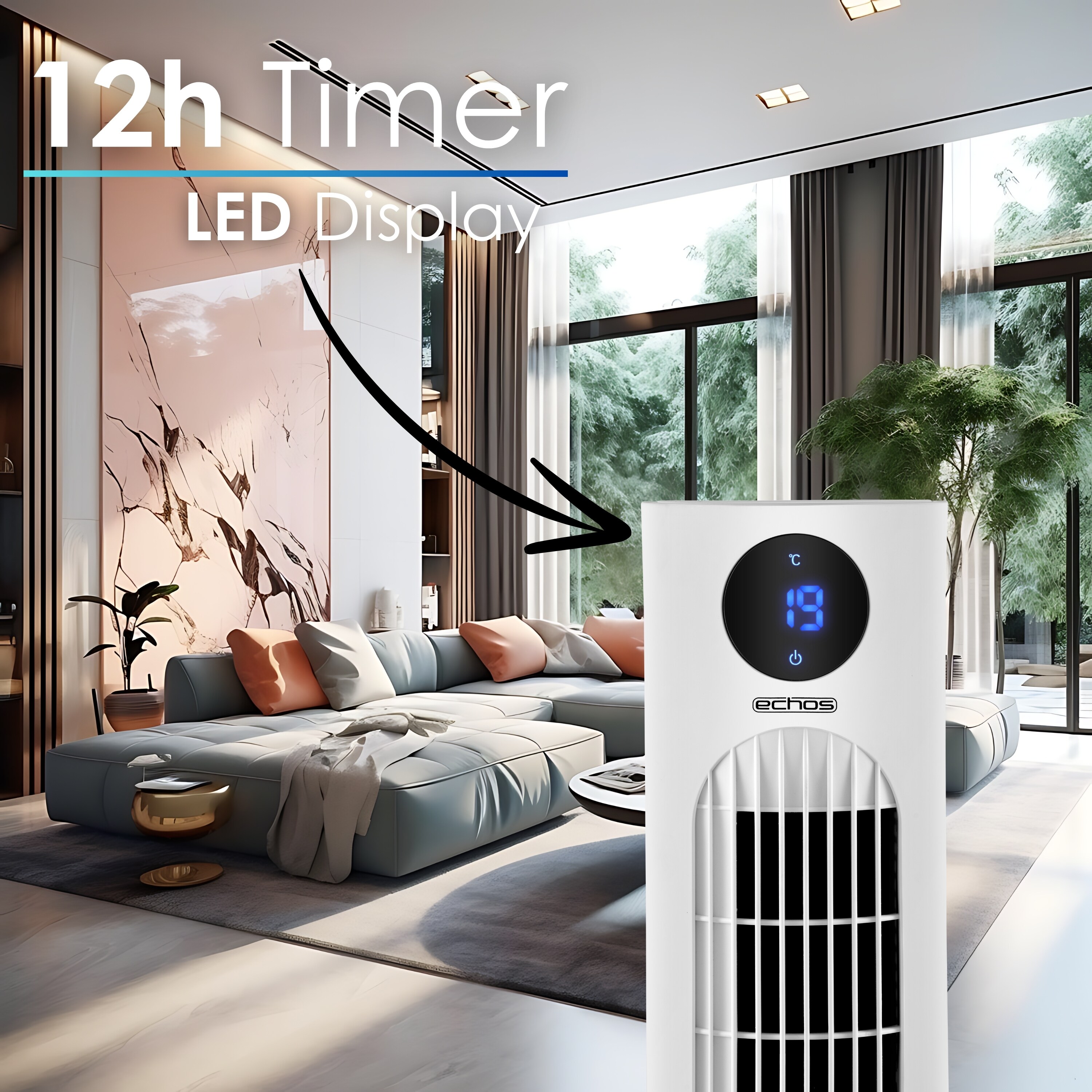 Echos Turmventilator m. Fernbedienung 3 Stufen Timer 60W LED-Anzeige