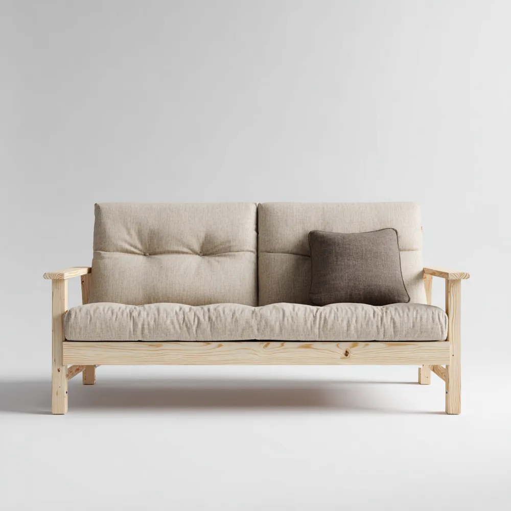 2-Sitzer-Holzsofa mit Leinenpolsterung 150x85x75 cm – Hellbraun – Skan