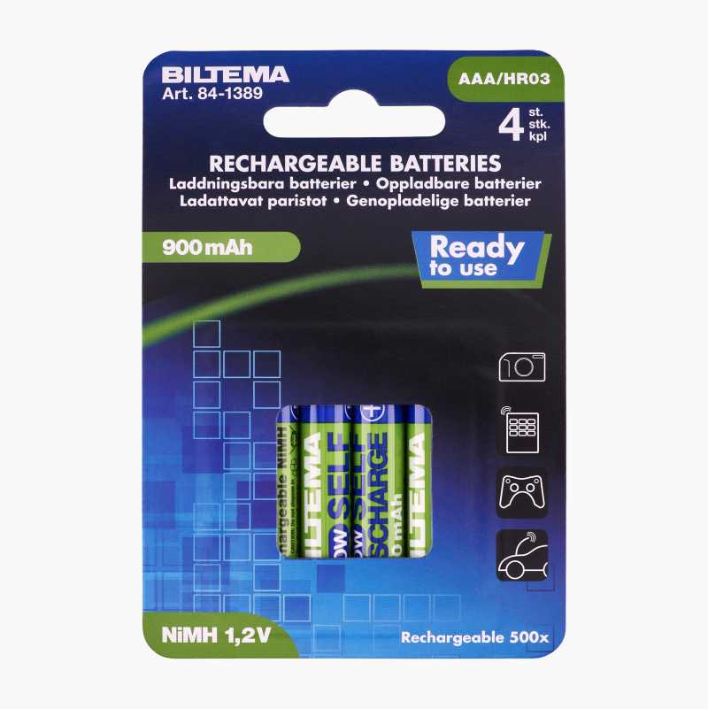 Oppladbart AAA-batteri, 900 mAh, 4-pk.