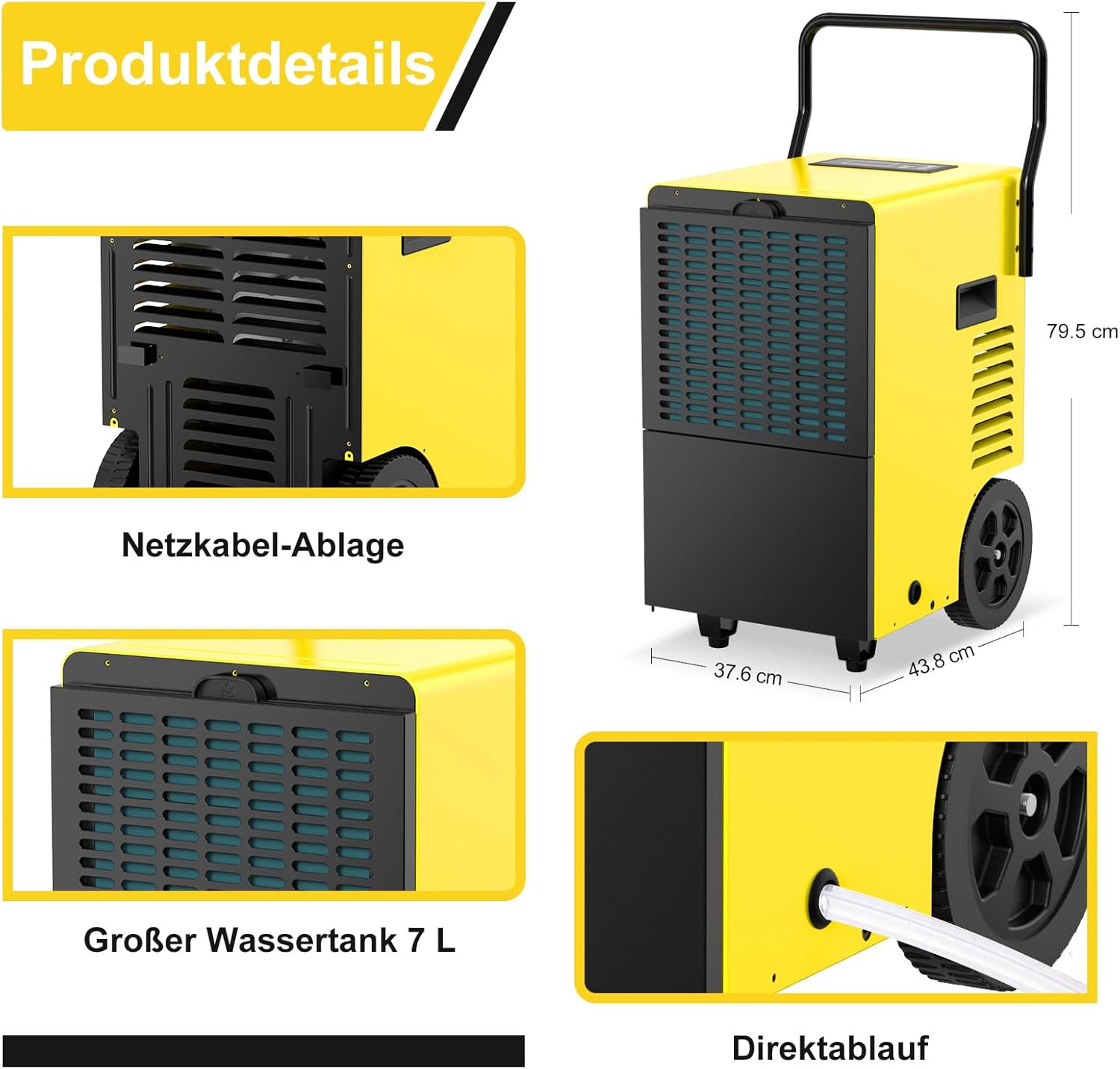 Bautrockner Luftentfeuchter Keller 50 L/Tag - Fläche 150 m²/380 m³ - 24Hr Timer Innenbereich Trocknungsgerät mit 7 L Großwasserbehälte für Große Räume