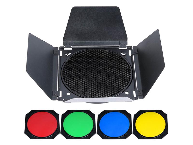 Godox Abschrimklappe BD07 inkl. Gel-Filter Barndoor Kit mit vier farbigen Gel-Filter für die AD200