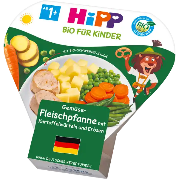 Bio Gemüse-Fleischpfanne mit Kartoffelwürfeln und Erbsen