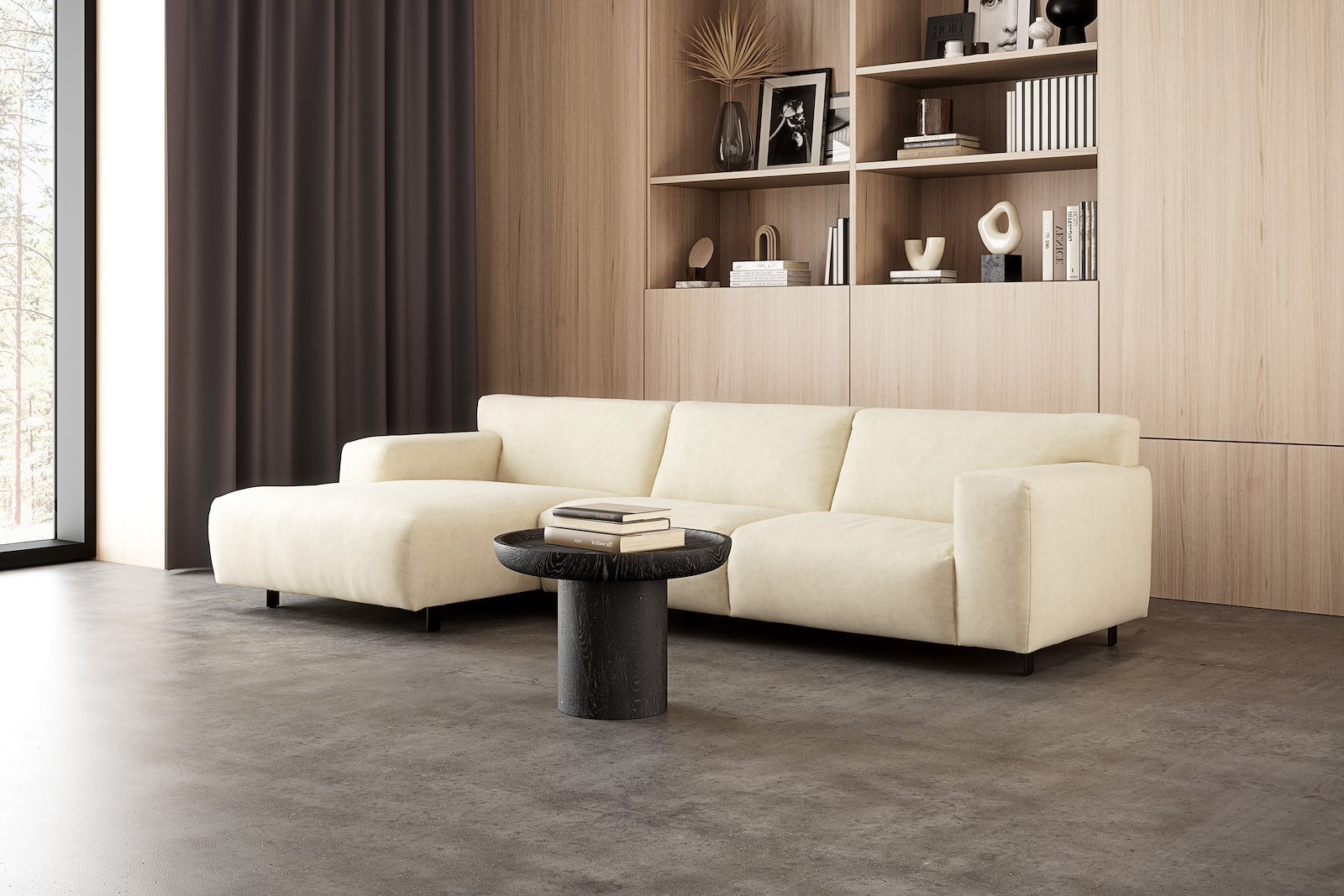 Vesta 2,5-seter med sjeselong venstre I Tekstil Velvety Ivory, standardsøm, sort metallben 10 cm, Comfort CM
