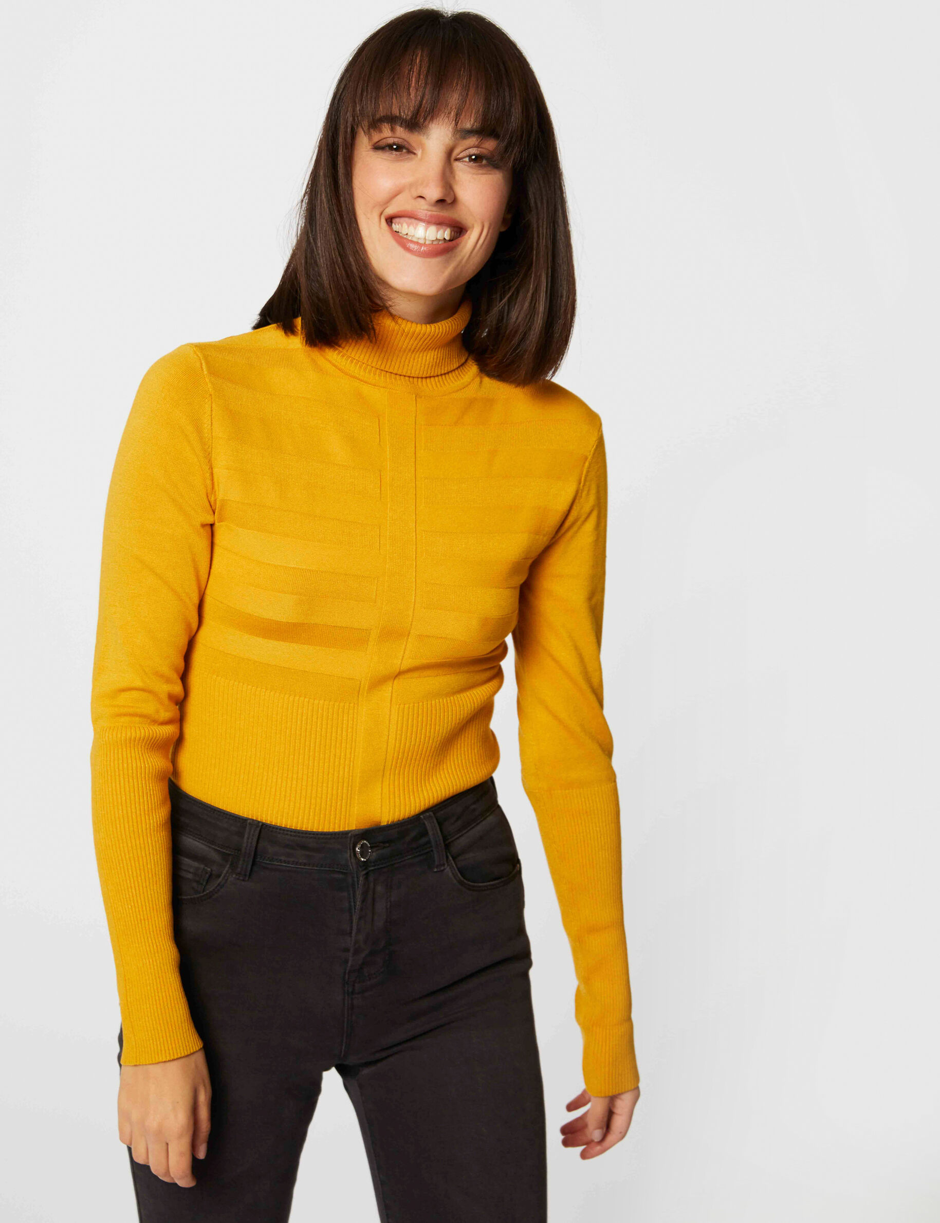 Pull manches longues col roulé jaune femme - jaune