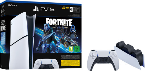 PS5 Slim Digital Edition + Fortnite Voucher + Extra Controller Wit + Oplaadstation