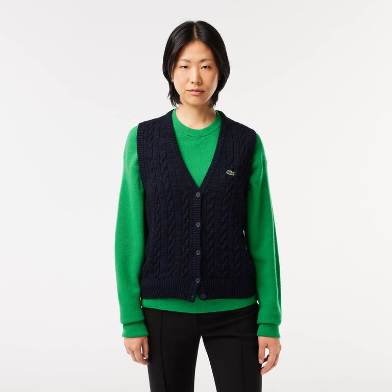 Cardigan sans manche à torsades en coton et laine Pullovers - Bleu - Lacoste - Femme