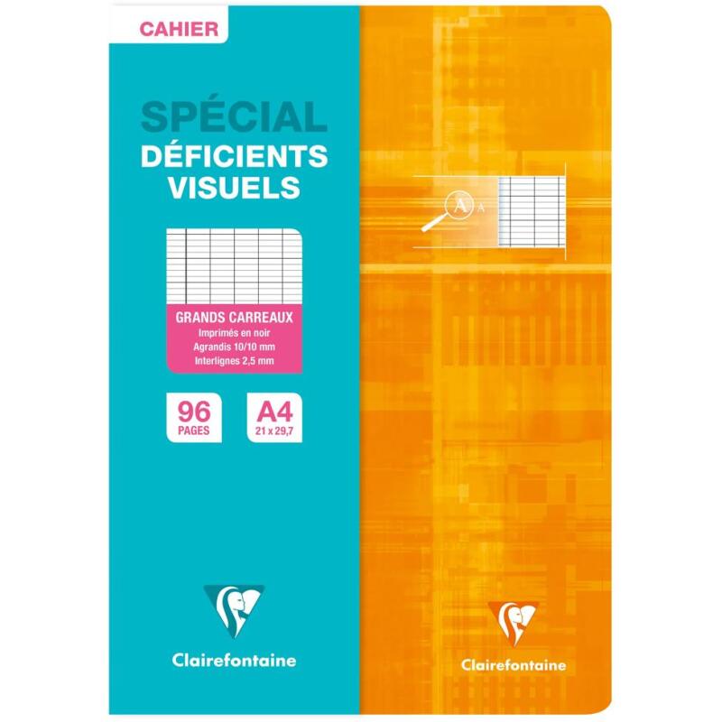 Cahier piqué spécial déficients visuels A4 96 pages grands carreaux 2 ,5mm agrandis 10x10 - Assortis