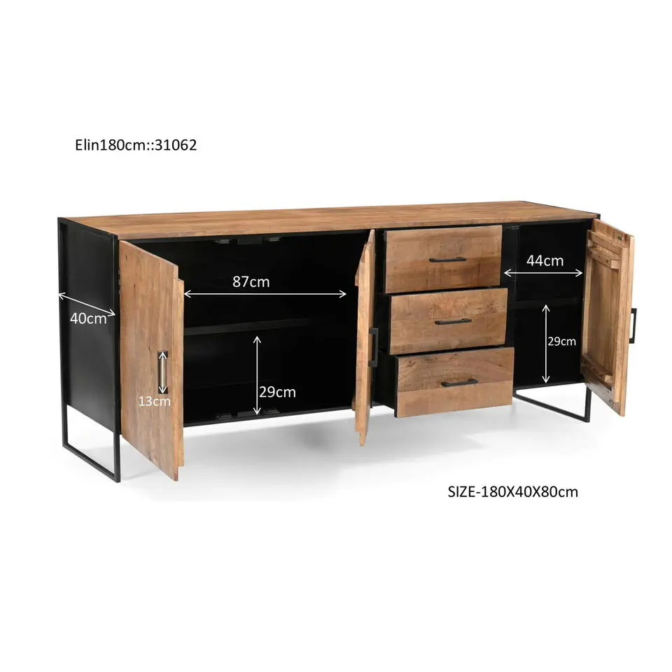 Dressoir Naturel Mangohout - Metaal - 180x40x80cm - Elin