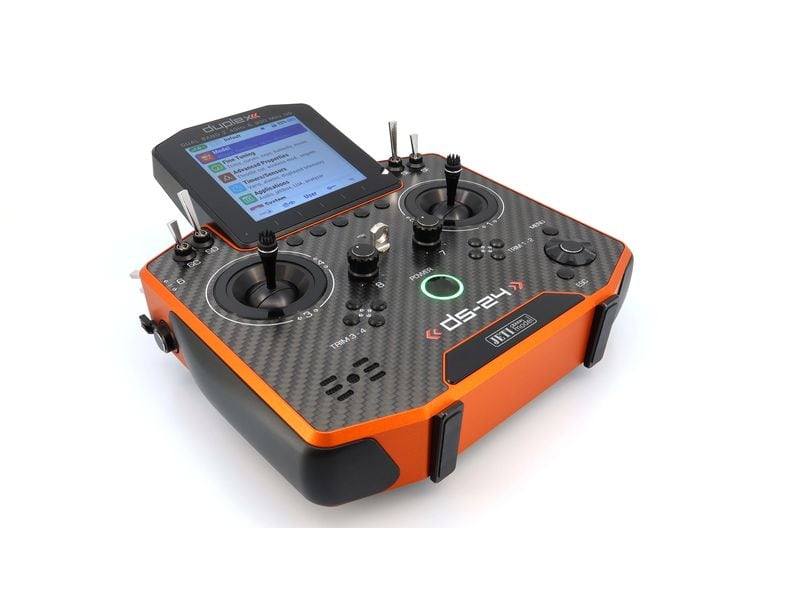 Jeti Fernsteuerung DS-24II Carbon Line Orange 24 Kanal, Dup Professioneller 24-Kanal-Sender mit Geber auf Rückseite und Carbon-Frontplatte