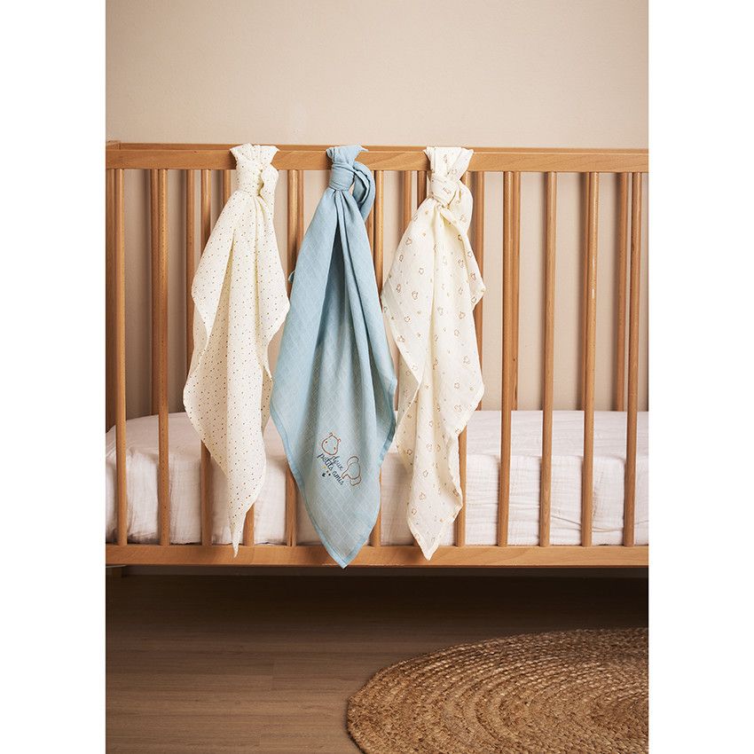 Lot de 3 langes fantaisie en tetra pour bébé - Ecru