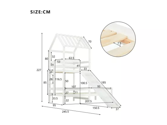 Lit superposé avec toboggan - 90x200cm + 90x100cm - en bois massif - Blanc
