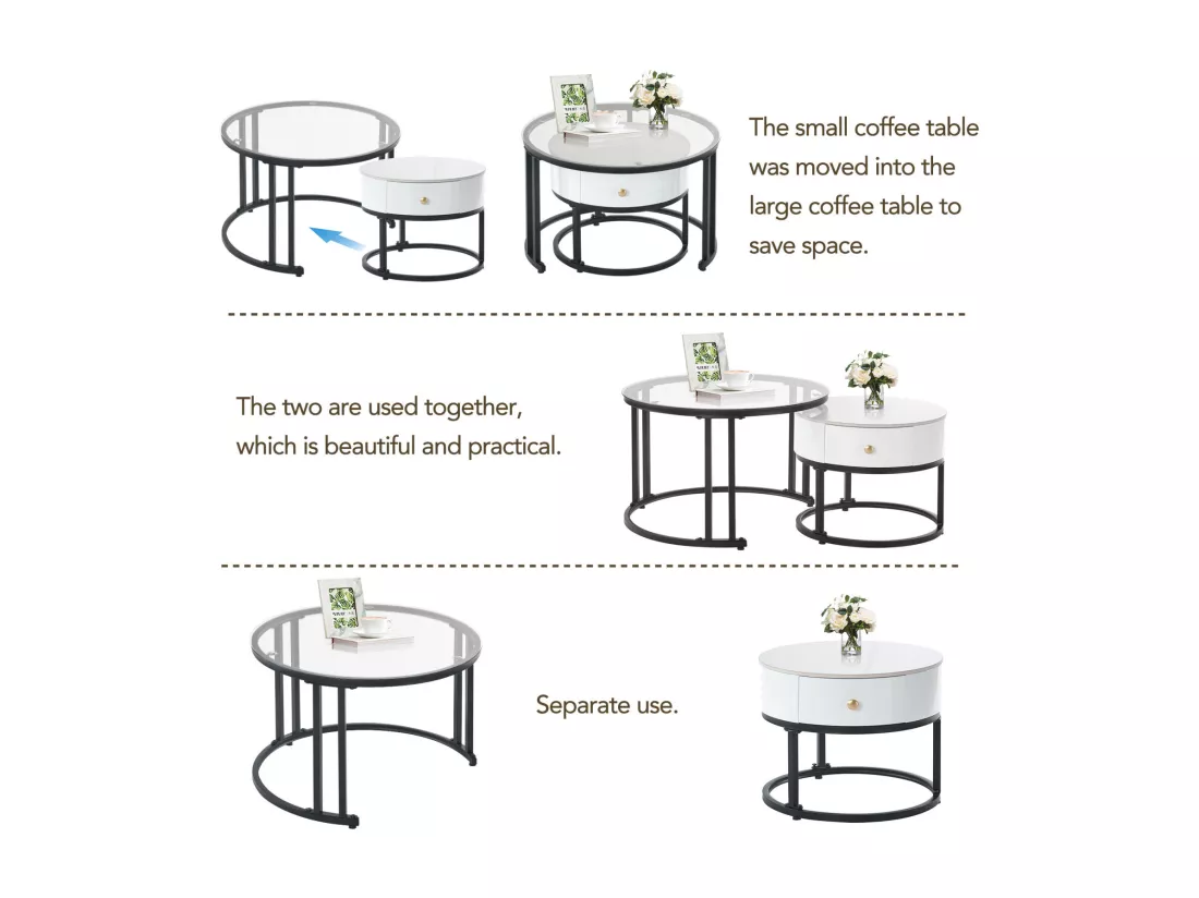 Lot de 2 table basse gigogne - table ronde, cadre en noir plateau en verre et ardoise marbrée blanc avec 1 tiroir - ø70x45,5+ø50x40cm