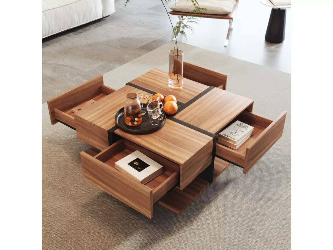 Table basse carrée haute brillance, avec 4 tiroirs, design uniques, espace de rangement en bas, 78x78x36cm naturel