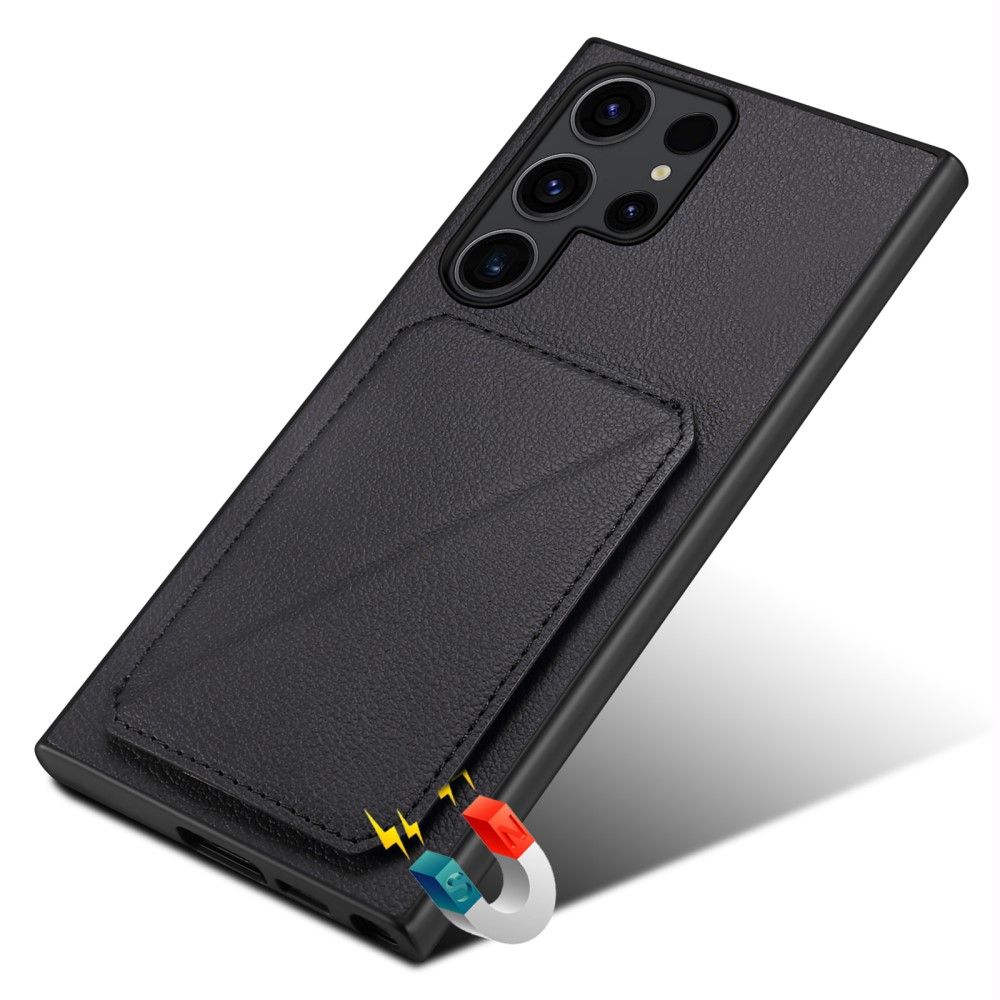 Samsung Galaxy S24 Ultra Leder Hülle mit Kartenfach   Origami Kickstand Aufsteller im Litchi Look - Schwarz