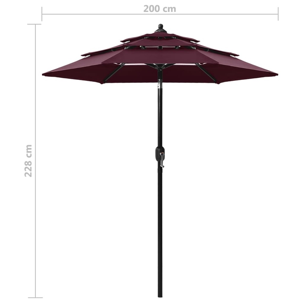 Parasol à 3 niveaux avec mât en aluminium 2 m bordeaux