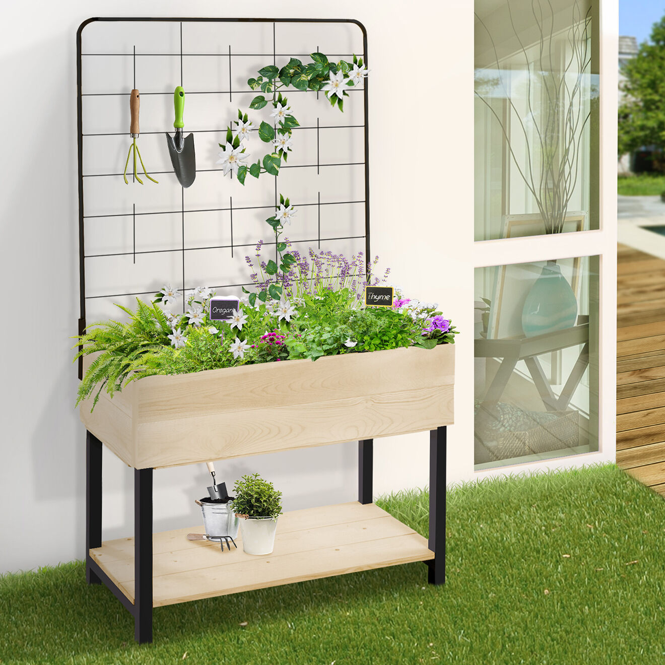 Pratik Garden Jardinière sur pied avec treillis noir/beige - 80x60x140 cm