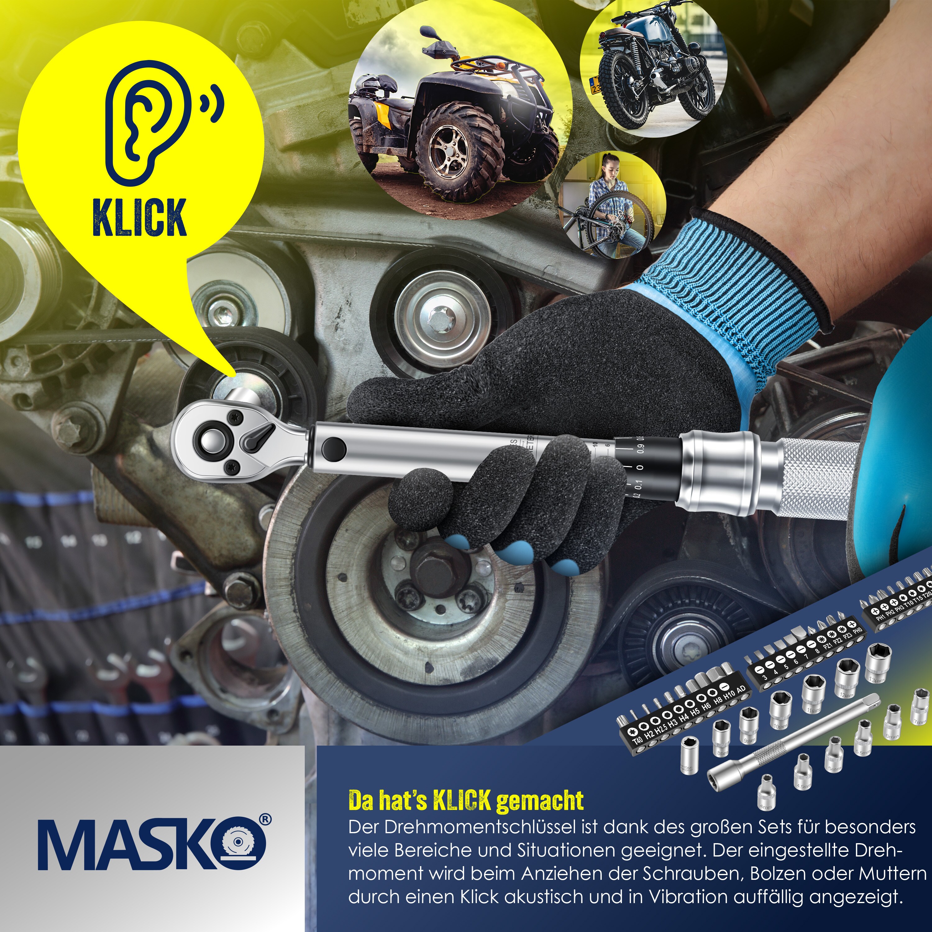 MASKO® Drehmomentschlüssel 45-tlg. Set Auto, Fahrrad & Motorrad 1/4 Zoll 5-25Nm inkl. Handschuhe, Magnetische Zündkerzenhülse Stecknüsse mit Verlängerungsstange 100mm +/- 4% Toleranz Reifenschlüsse