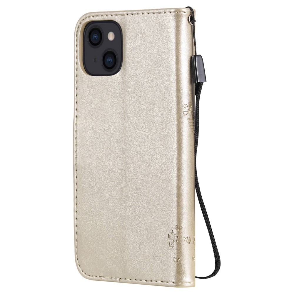 iPhone 14 Leder Tasche Flip Cover Baum Imprint - Gold