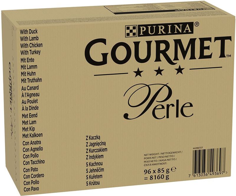 Gourmet Perle - Jumbo Pack - Natvoer - Eend Lam Kip Kalkoen in Saus - 96 x 85 g + 24 x 85 g Gratis