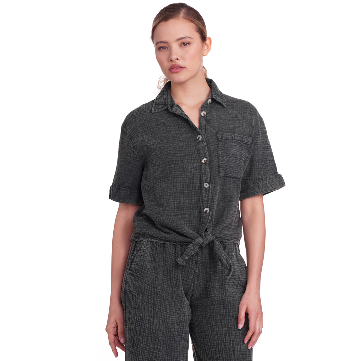 Gina Damen Musselin-Bluse mit Brusttasche dunkelgrau