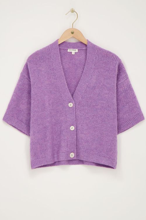 Lila gebreid vest met korte mouwen