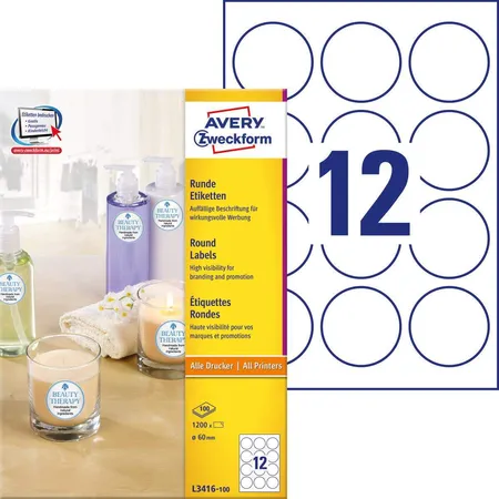 Avery Zweckform L3416-100 Runde Etiketten,A4 Ø 60 mm, 100 Bogen/1.200 Etiketten, weiß