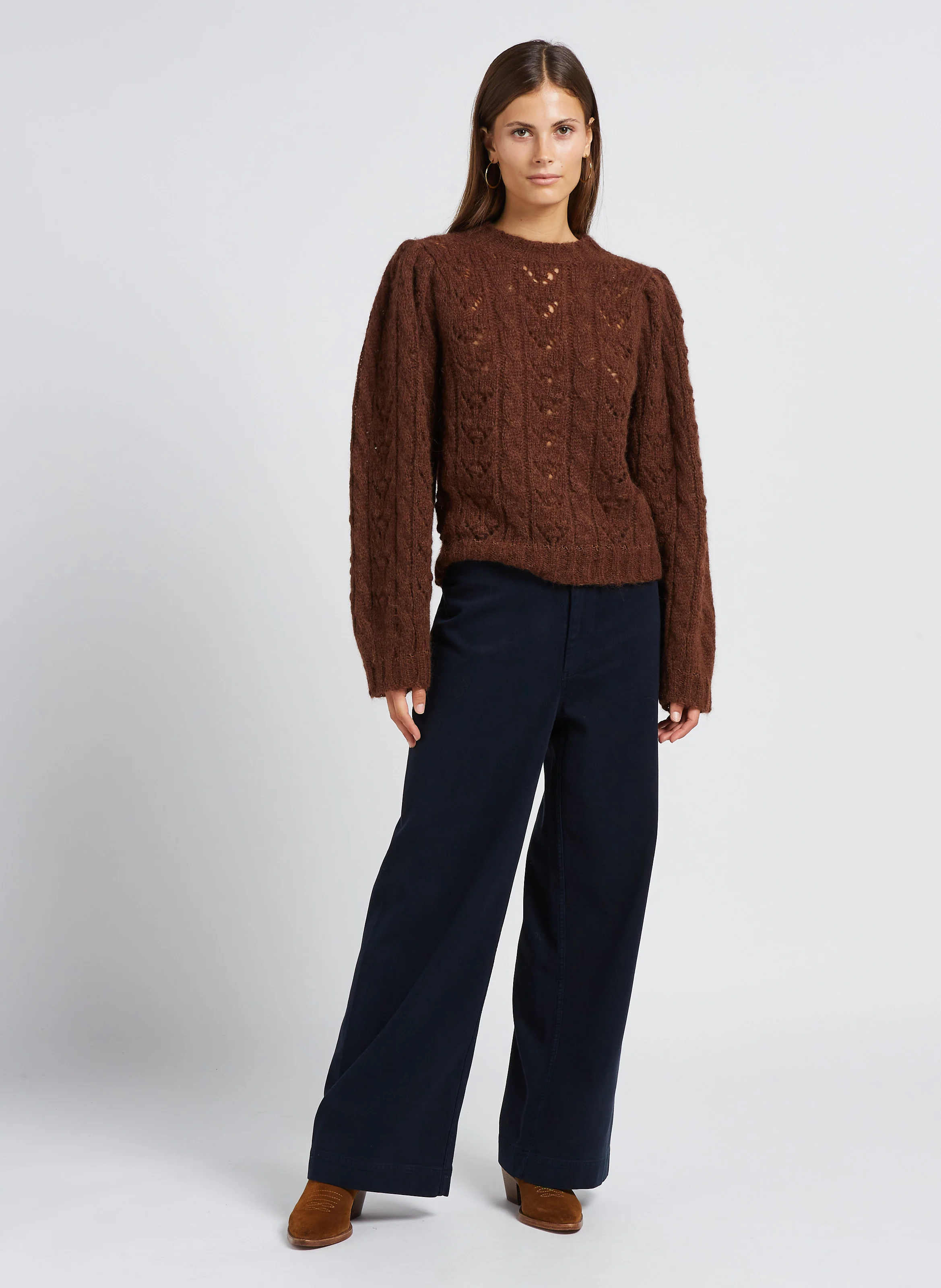 CADIX - Pull droit encolure ronde en laine mélangée | Marron