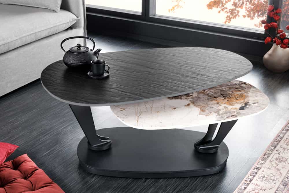 Design Couchtisch MOVEMENT schwarz rund drehbar Pandora Keramik Metallgestell