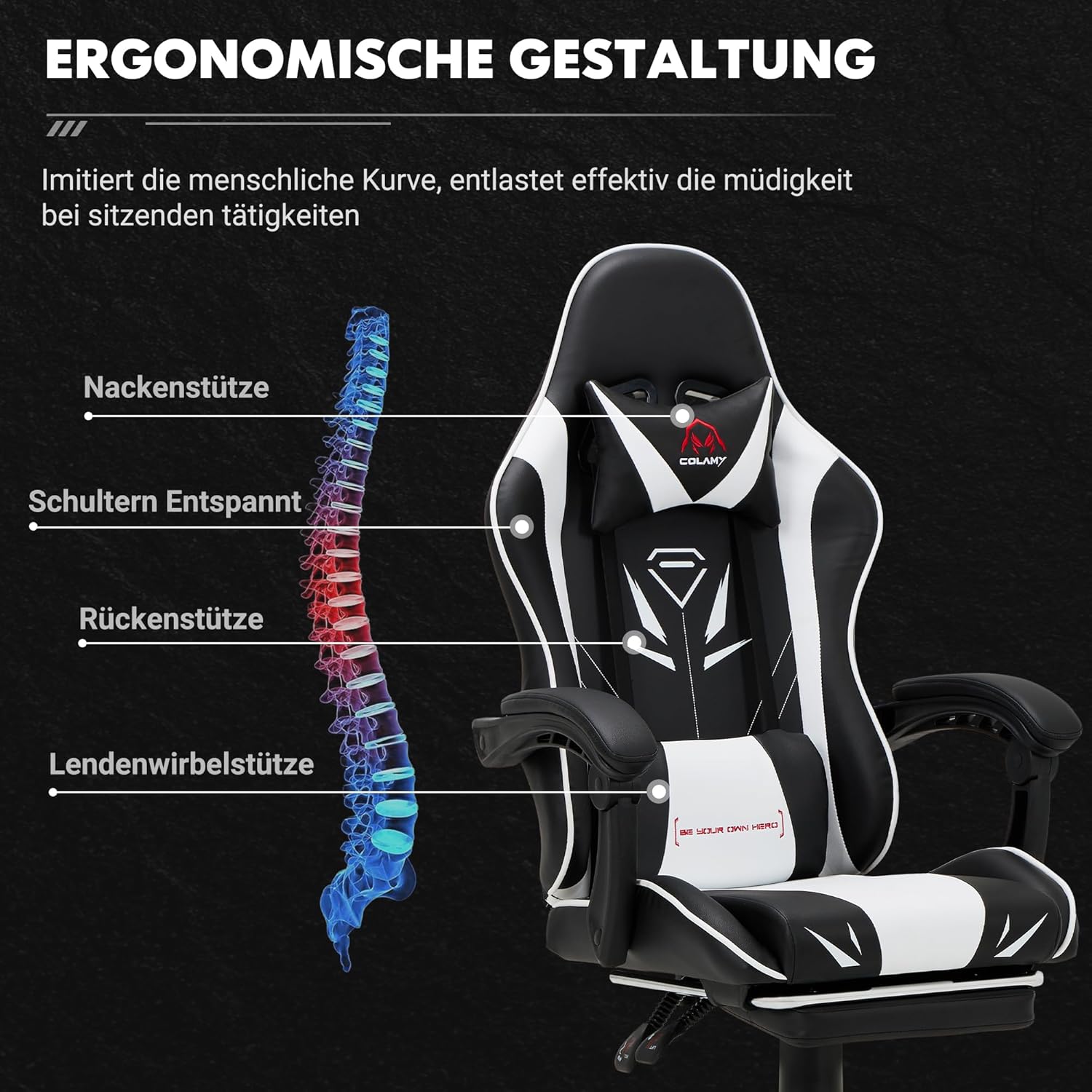COLAMY Gaming Stuhl, Computer Stuhl mit Fußstütze und Lendenwirbelstütze, höhenverstellbarer Gaming Chair mit 360°-Drehsitz und Kopfstütze, Video Gamer PC Stuhl, Ergonomische hohe Rückenlehne, Weiß