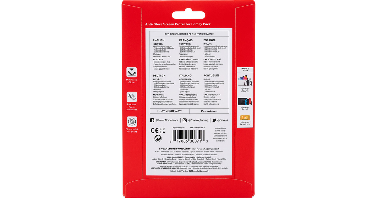 PowerAAnti-Glare Screen Protector Family Pack for Nintendo Switch screenprotector  (Nintendo Switch OLED Model, Nintendo Switch en Nintendo Switch Lite)