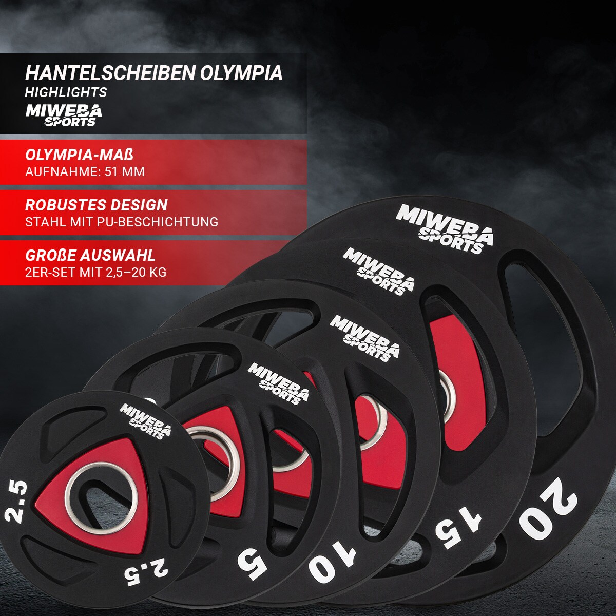 Miweba Sports Hantelscheiben Olympia, Ø 50/51 mm, 2er-Set, 2,5-20 kg, Hantel-Gewichte aus Stahl (2x 15,0 Kg)