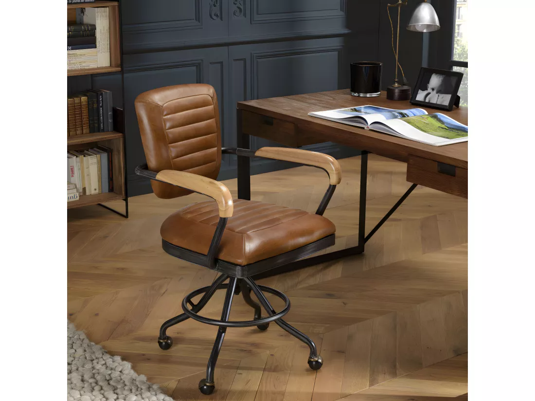 GASTON - Fauteuil DESK vintage cuir marron et métal noir à roulettes accoudoirs en bois