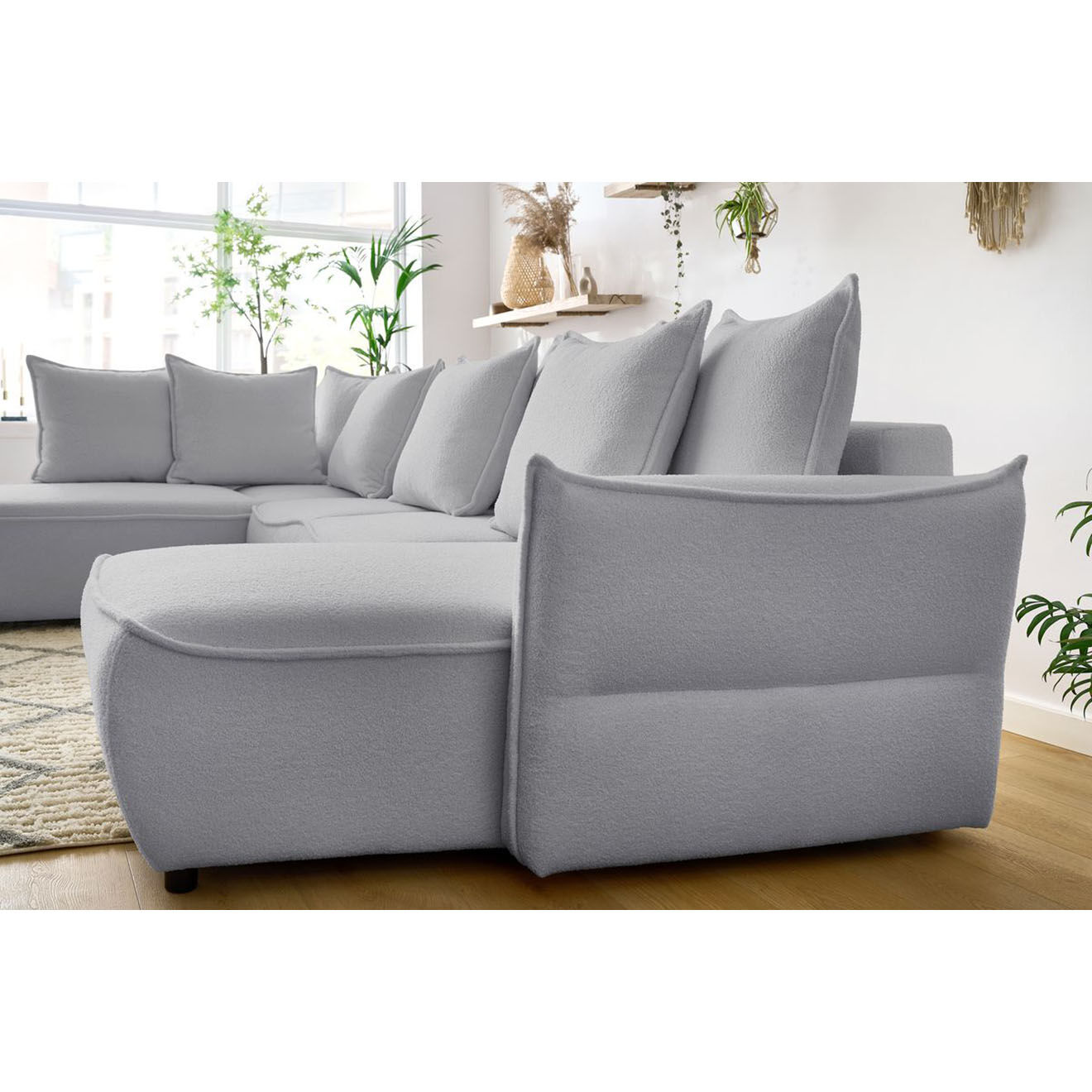 Bobochic Canapé panoramique convertible coffre d'angle droit bouclette léon gris clair - 320x194x90 cm
