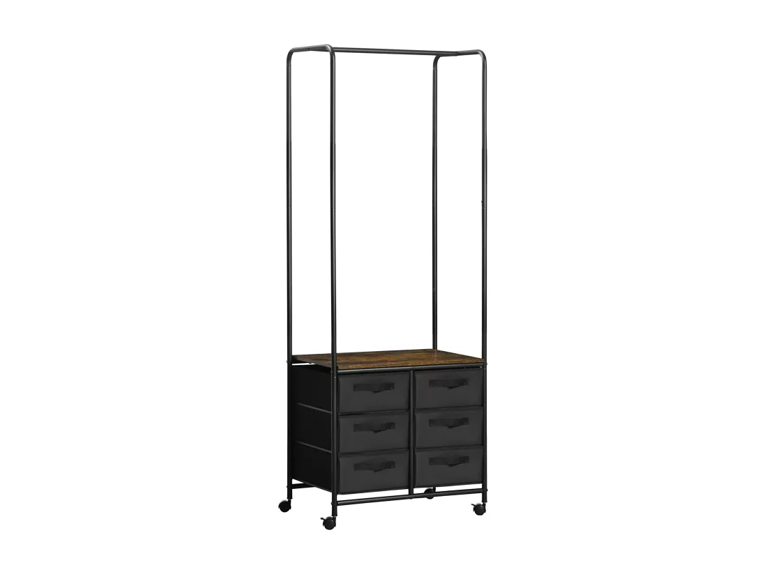 Penderie portant à vêtements style industriel sur roulettes 6 tiroirs barre penderie acier noir panneaux aspect bois