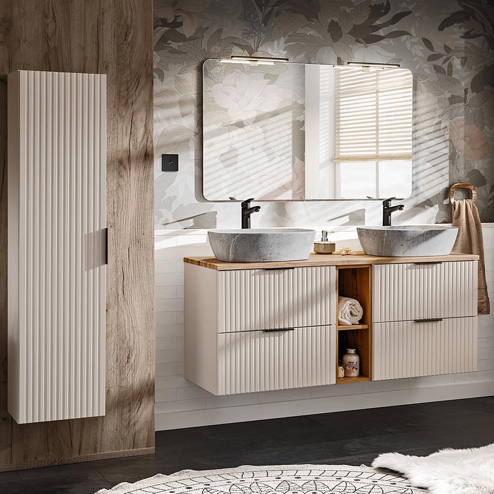 Lomadox Badezimmer Badmöbel Set mit 140cm Waschtisch, 3-teilig, in Kaschmir und Eiche, mit Keramik-Waschbecken, Spiegel, LED-Beleuchtung, Hochschrank