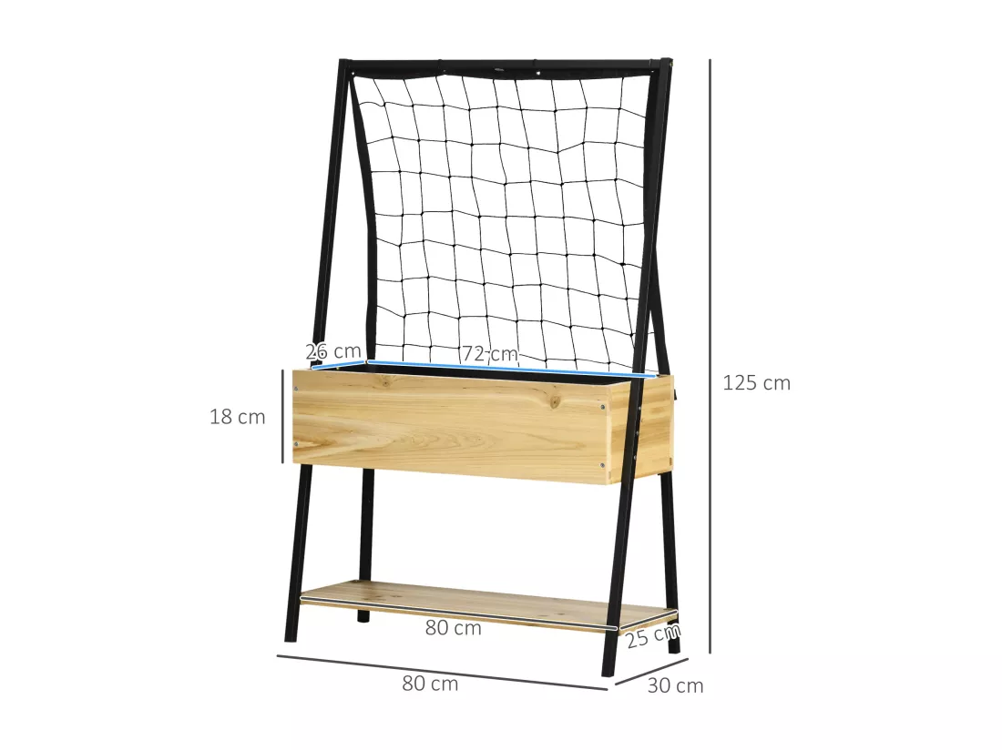 Jardinière sur pieds avec treillis filet - étagère, inserts d'irrigation - châssis métal époxy noir bois sapin verni