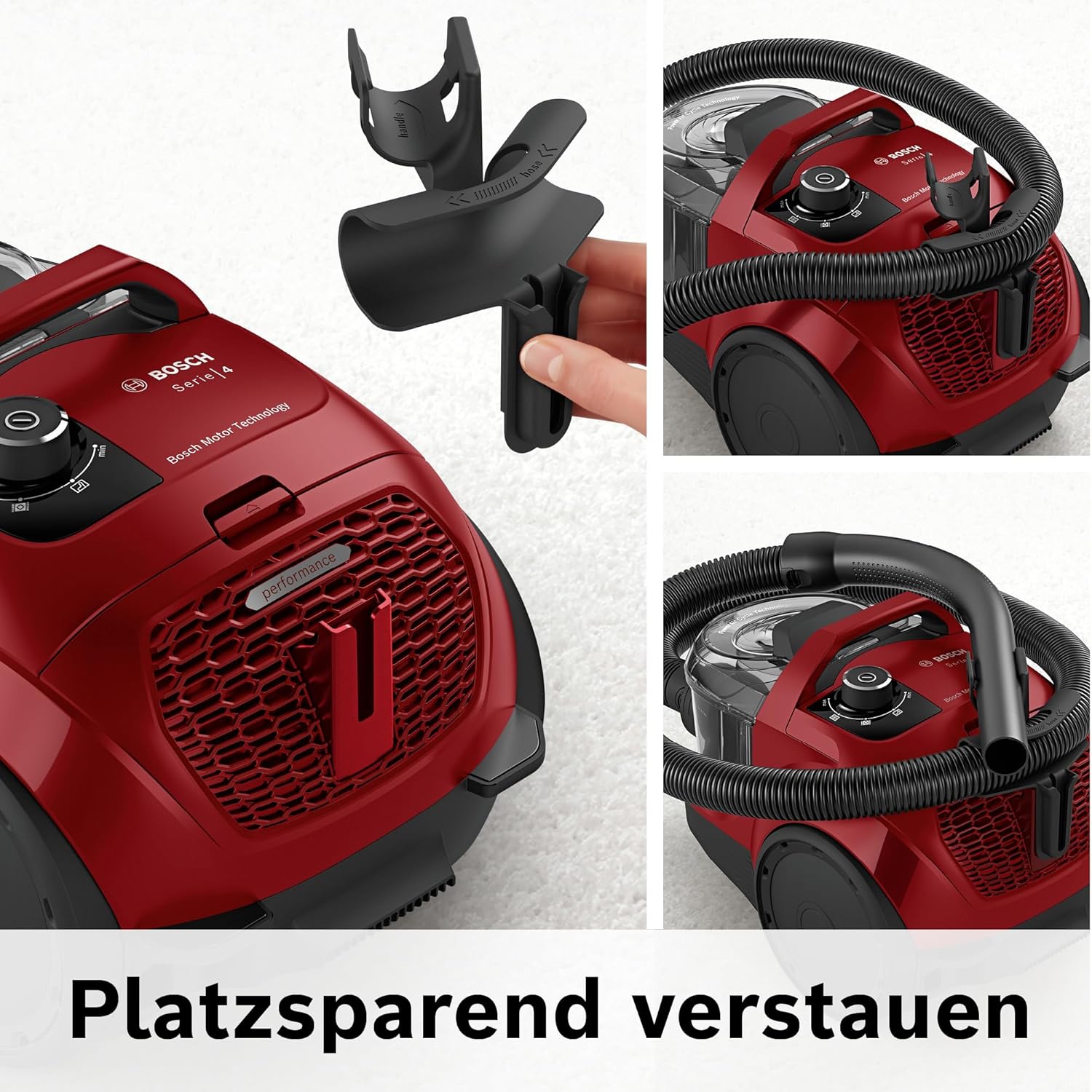 Bosch Staubsauger beutellos Serie 4 BGS21CAR, Hygiene-Filter, 10 Jahre Motorgarantie, XXL-Polsterdüse, XXL-Fugendüse, Mini-Turbo-Düse, Fahrzeug-Innenreinigung, hohe Saugkraft, kompakt, 750 W, rot