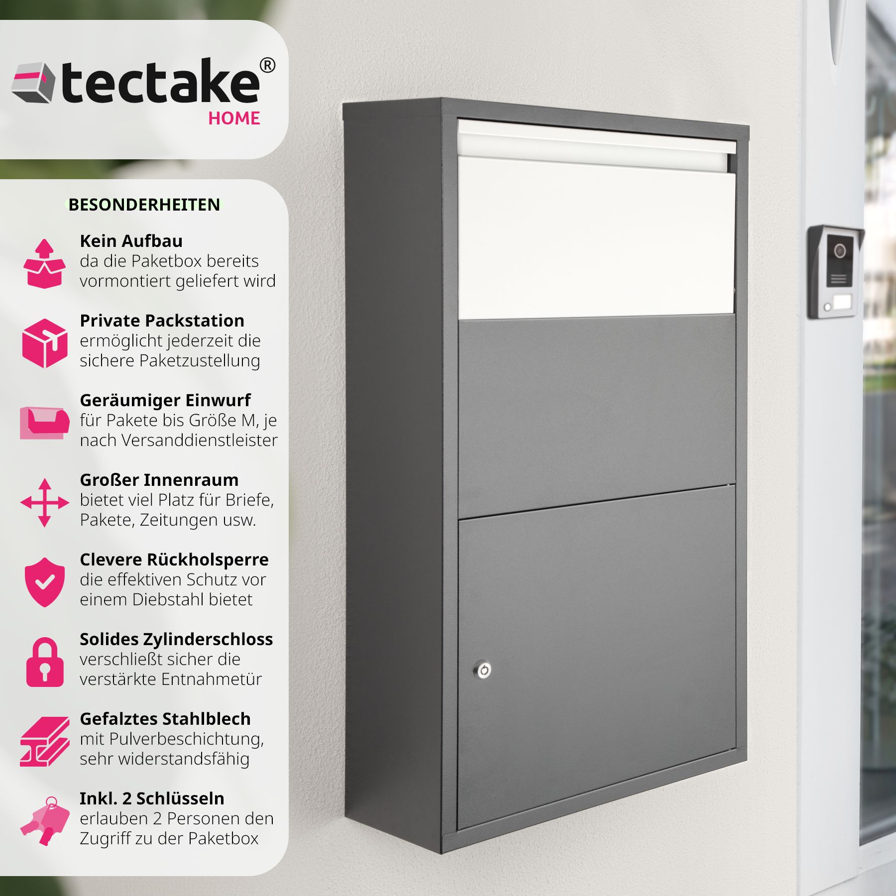 tectake® Paketbox, mit integrierter Rückholsperre, zur Wandmontage, Paketmaße bis 39 x 30 x 12 cm