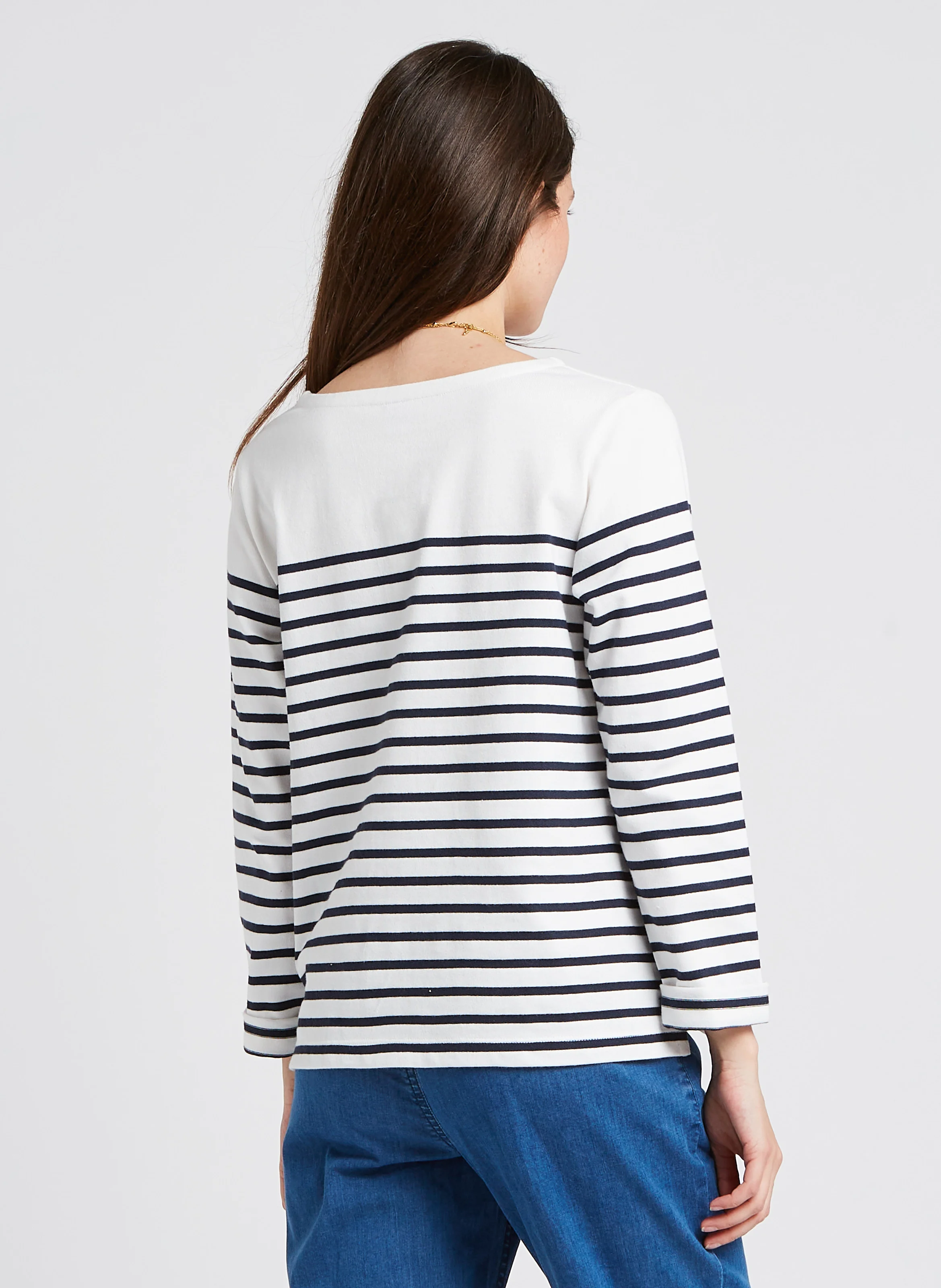 Tee-shirt col bateau marinière en coton | Blanc
