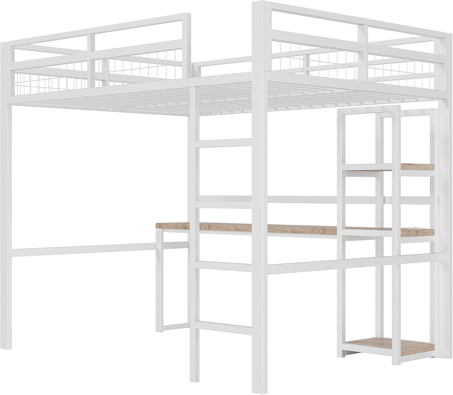 Hochbett, 140 x 200cm, Eisenrahmen, mehrere Einlegeböden, Schreibtisch mit Steckdose, mit USB Type-c, Geländer, Trittleiter, ohne Matratze, Weiß - B