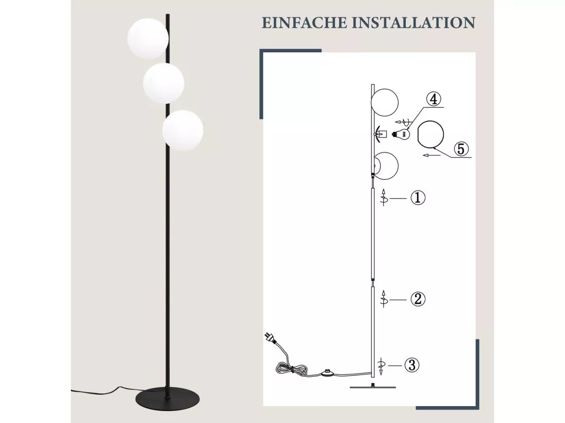 NETTLIFE Lampadaire noir - Moderne Lampadaire Salon à 3 flammes avec interrupteur à pied Métal Design Verre E27 Industriel Vintage Lampe de sol