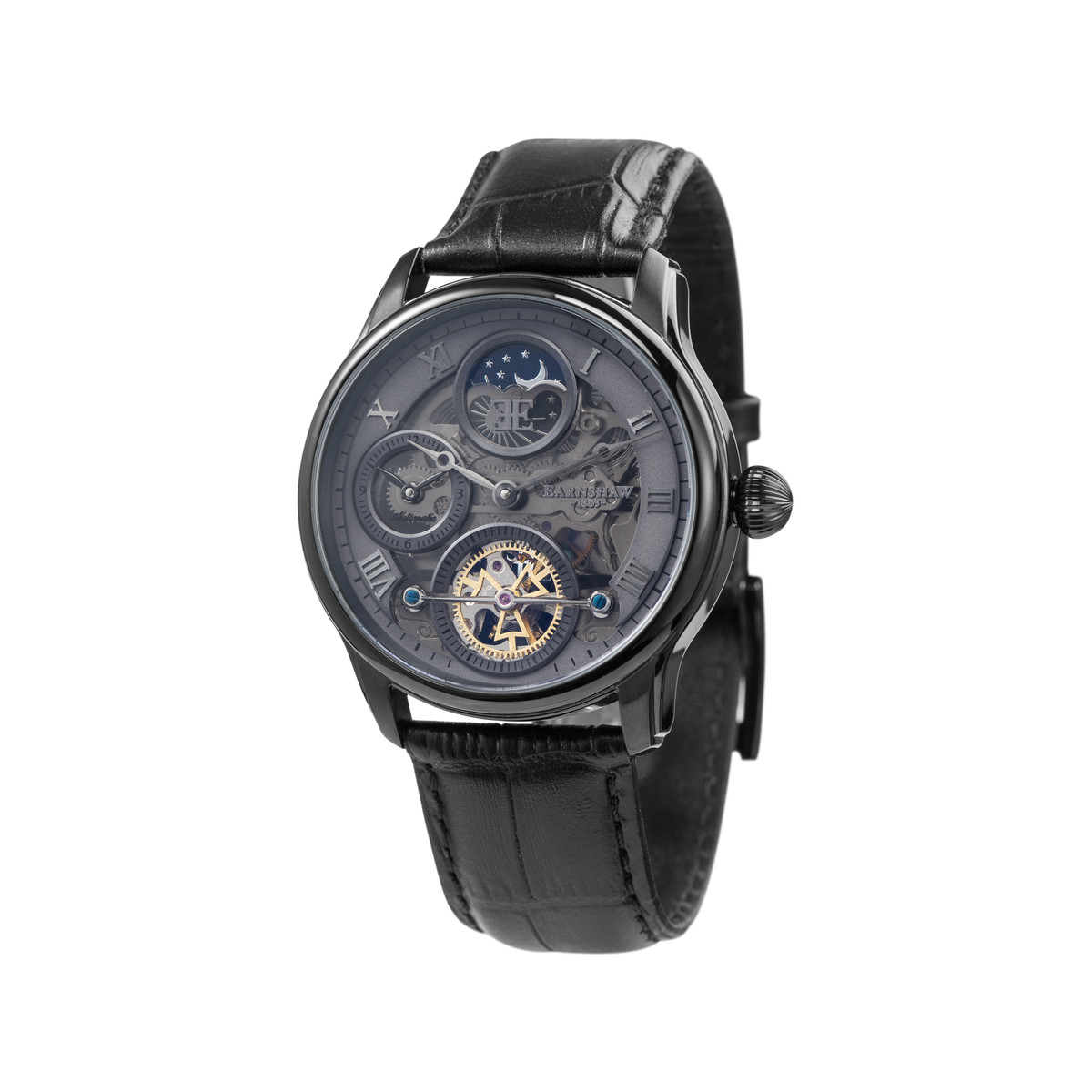 Montre EARNSHAW Longitude Shadow homme automatique acier noir bracelet cuir noir