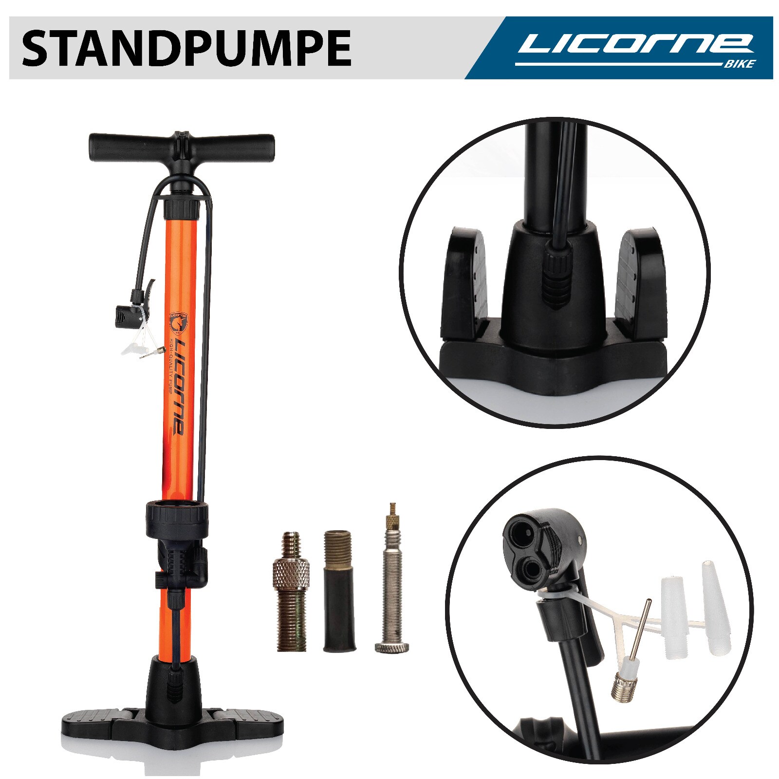 Licorne Bike Standpumpe, Klappbare Standfüße, Fahrradpumpe mit großem Manometer zur Druckanzeige, Dualkopf passend für alle Ventile (Dunlop Ventil, Französisches Ventil, Auto Ventil) (Orange)